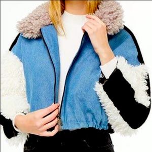 NWT Denim and Faux fur colorblock jacket